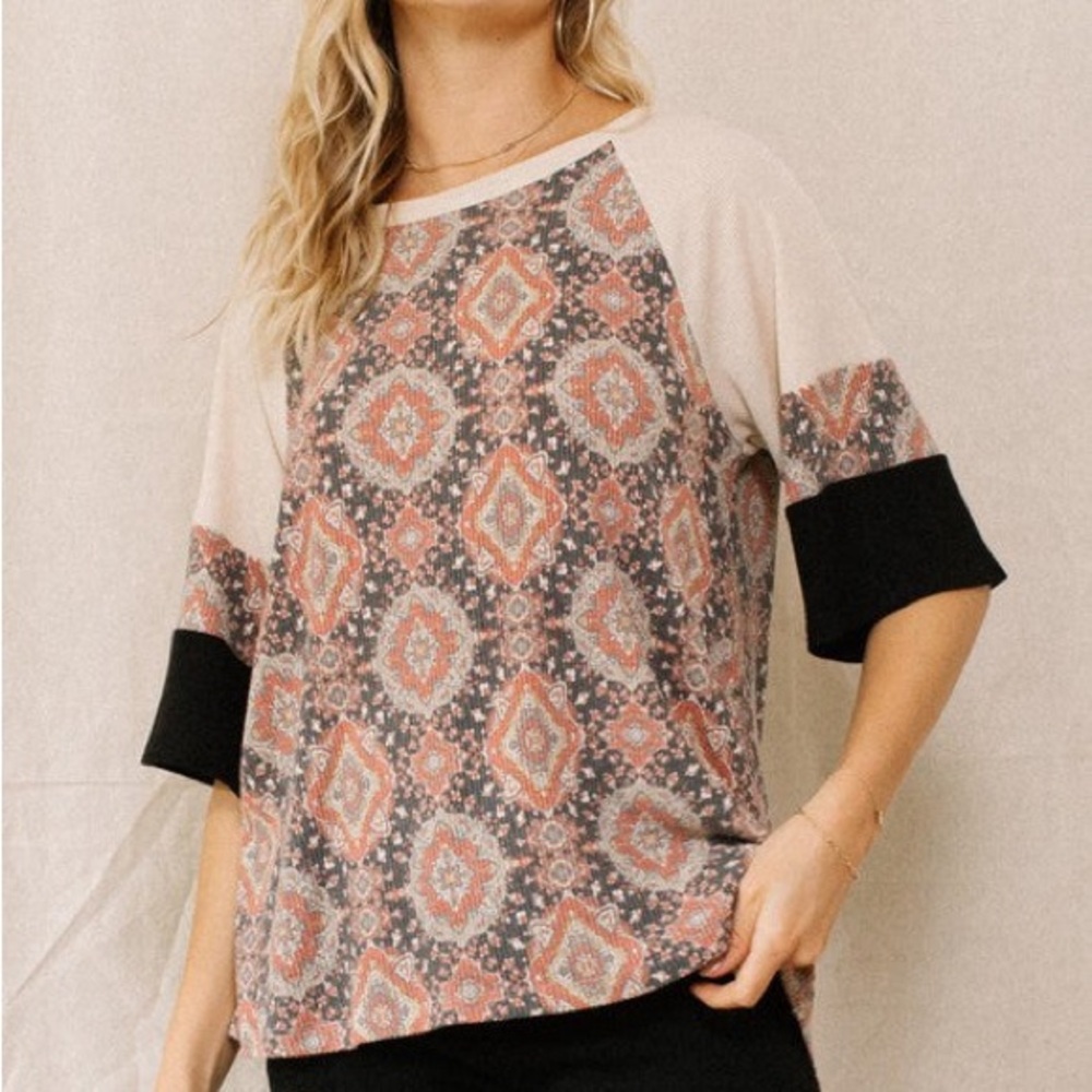 Boutique Charcoal Geometric Printed Rib Knit Top